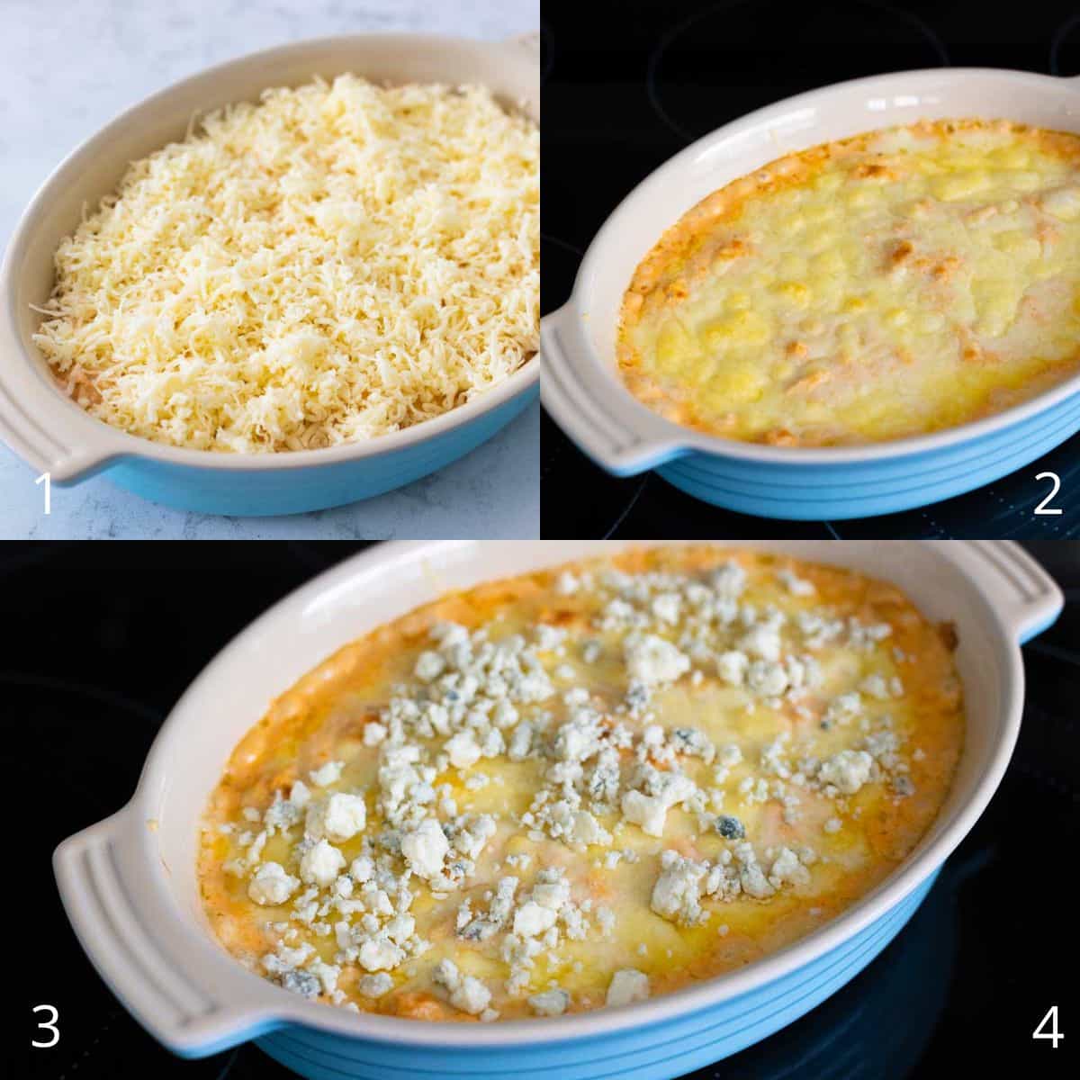 The step by step photos show how to layer the dip in a baking dish, cover it with cheese, and bake it.