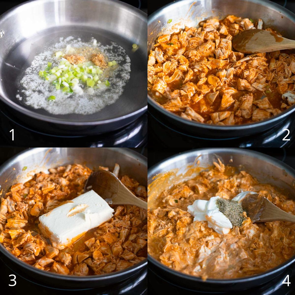 The step by step photos show how to make the buffalo chicken sauce in a skillet.