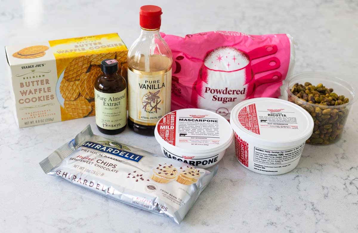 The ingredients to make homemade cannoli dip are on the counter.