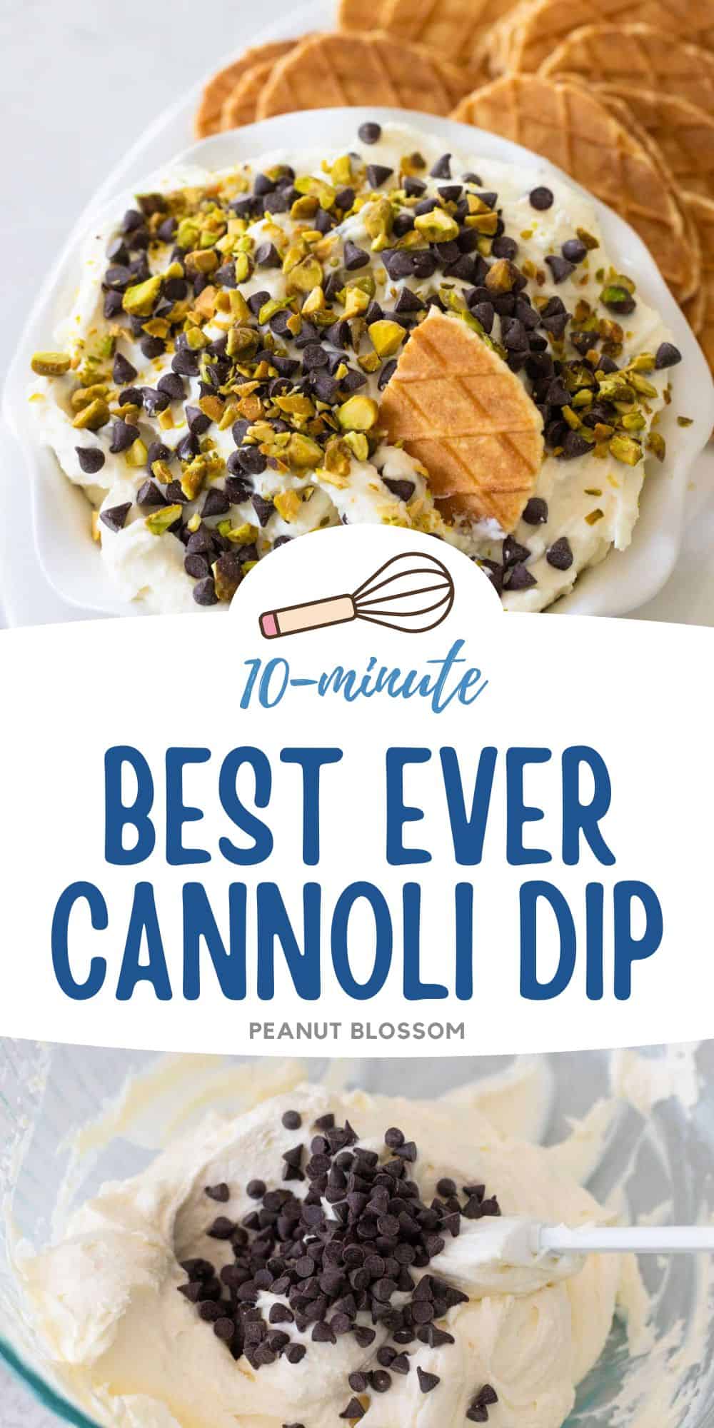 The photo collage shows the finished cannoli dip on top and the mixing bowl with cannoli cream and chocolate chips on the bottom.