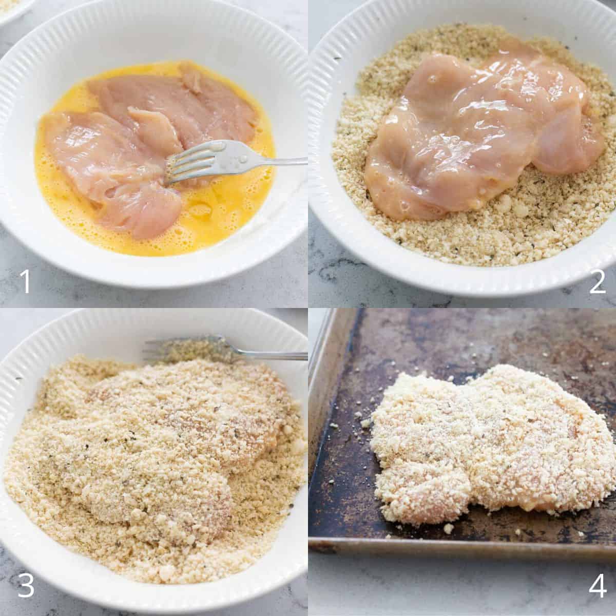 The step by step photos show how to dip the chicken in egg, coat in bread crumbs, and then put on the baking sheet.