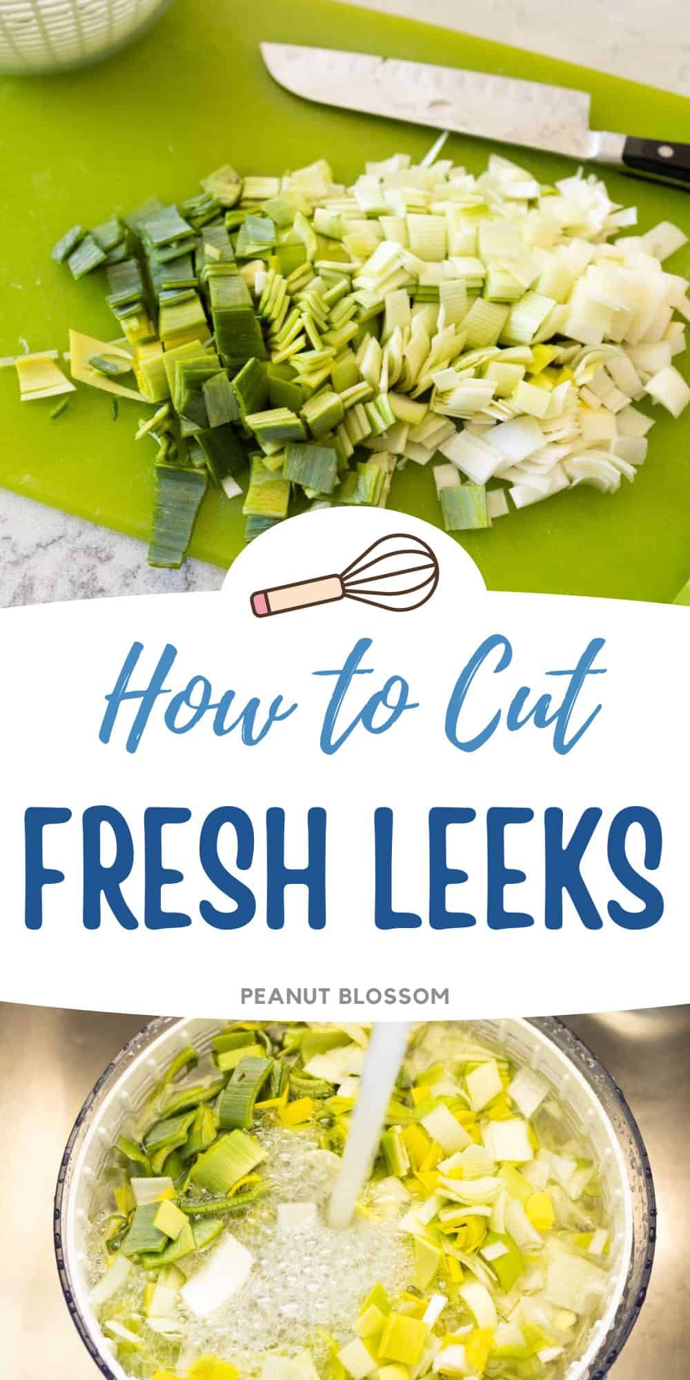 The photo collage shows how to cut the leek on the cutting board and all the chopped leeks in a basket filled with water.