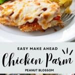 The photo collage shows the finished chicken parmesan on a dinner plate next to a photo of the breaded chicken being baked.