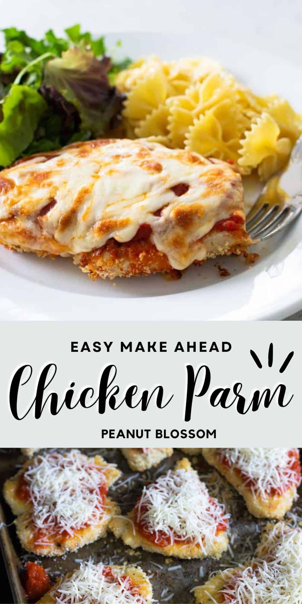 The photo collage shows the finished chicken parmesan on a dinner plate next to a photo of the breaded chicken being baked.