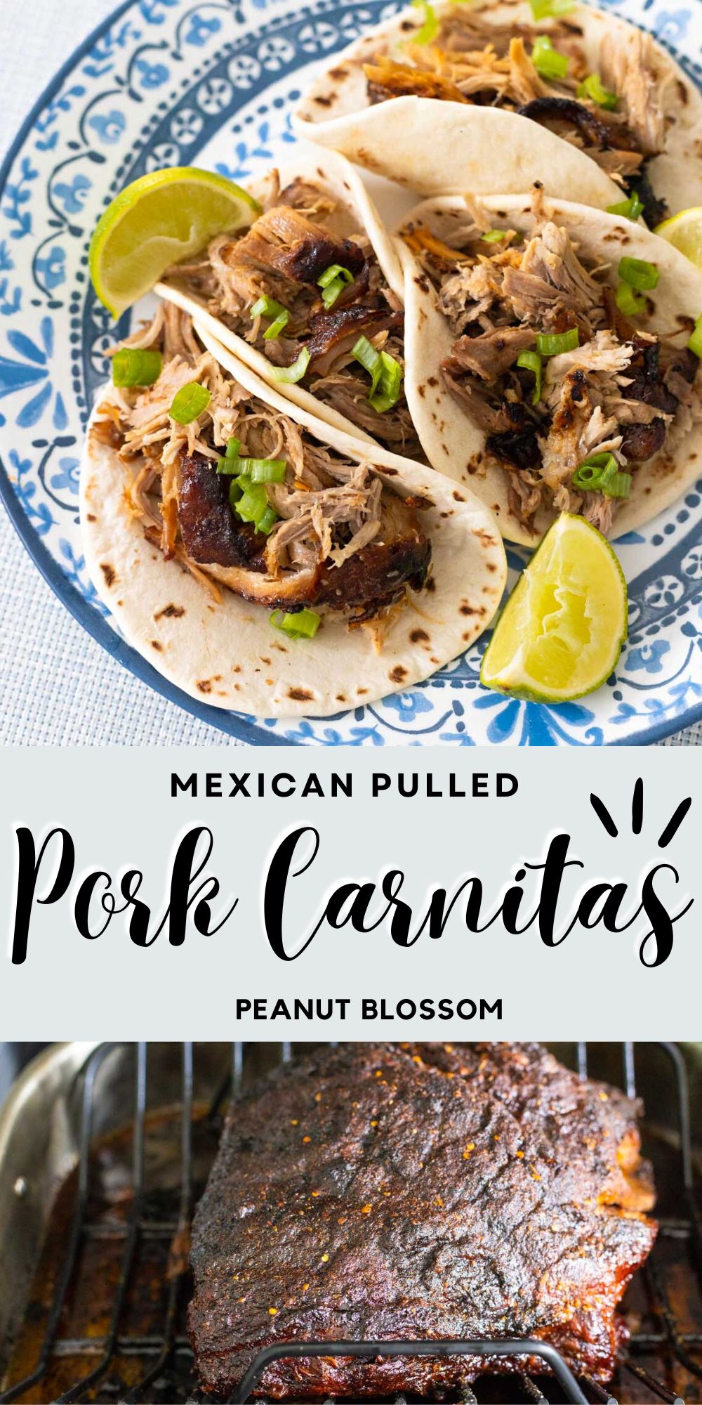The photo collage shows a plate of carnitas tacos on top with lime wedges scattered around and a photo of the full pork roast in the pan on the bottom.