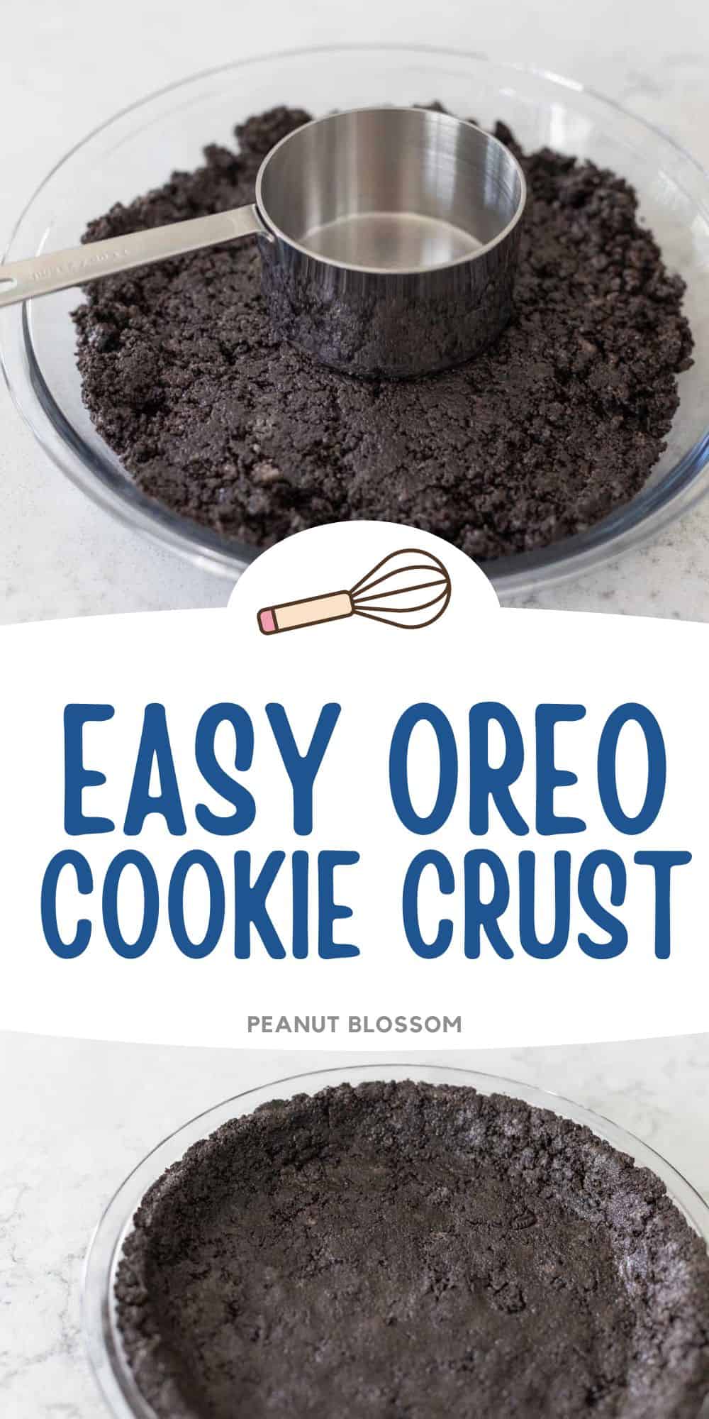 The photo collage shows the oreo cookie crust being patted into place with a measuring cup next to the finished pie crust.