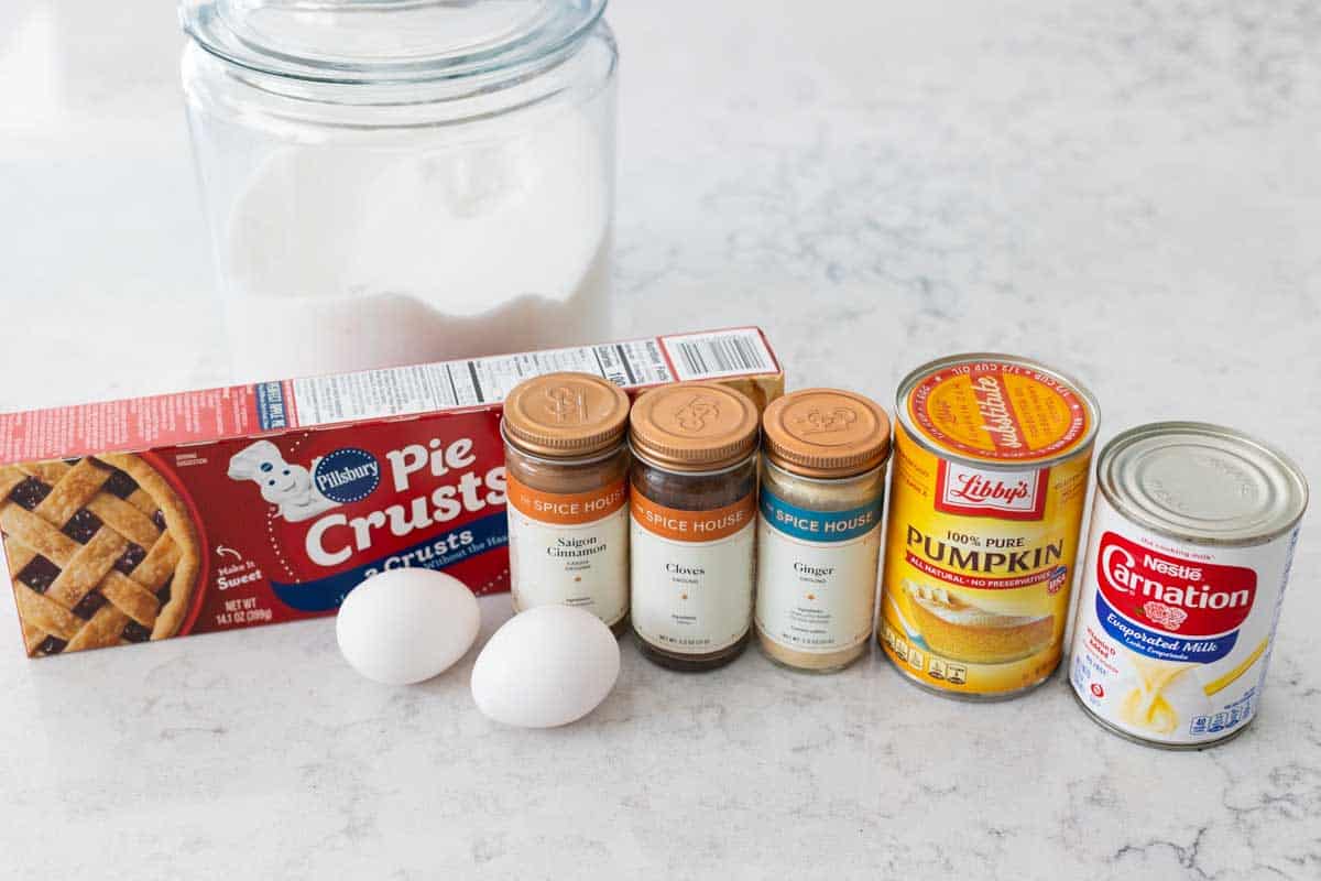 The ingredients to make the pumpkin pie are on the counter.