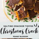 The photo collage shows the holiday plate filled with toffee on top and the baking pan with chocolate chips on the bottom.