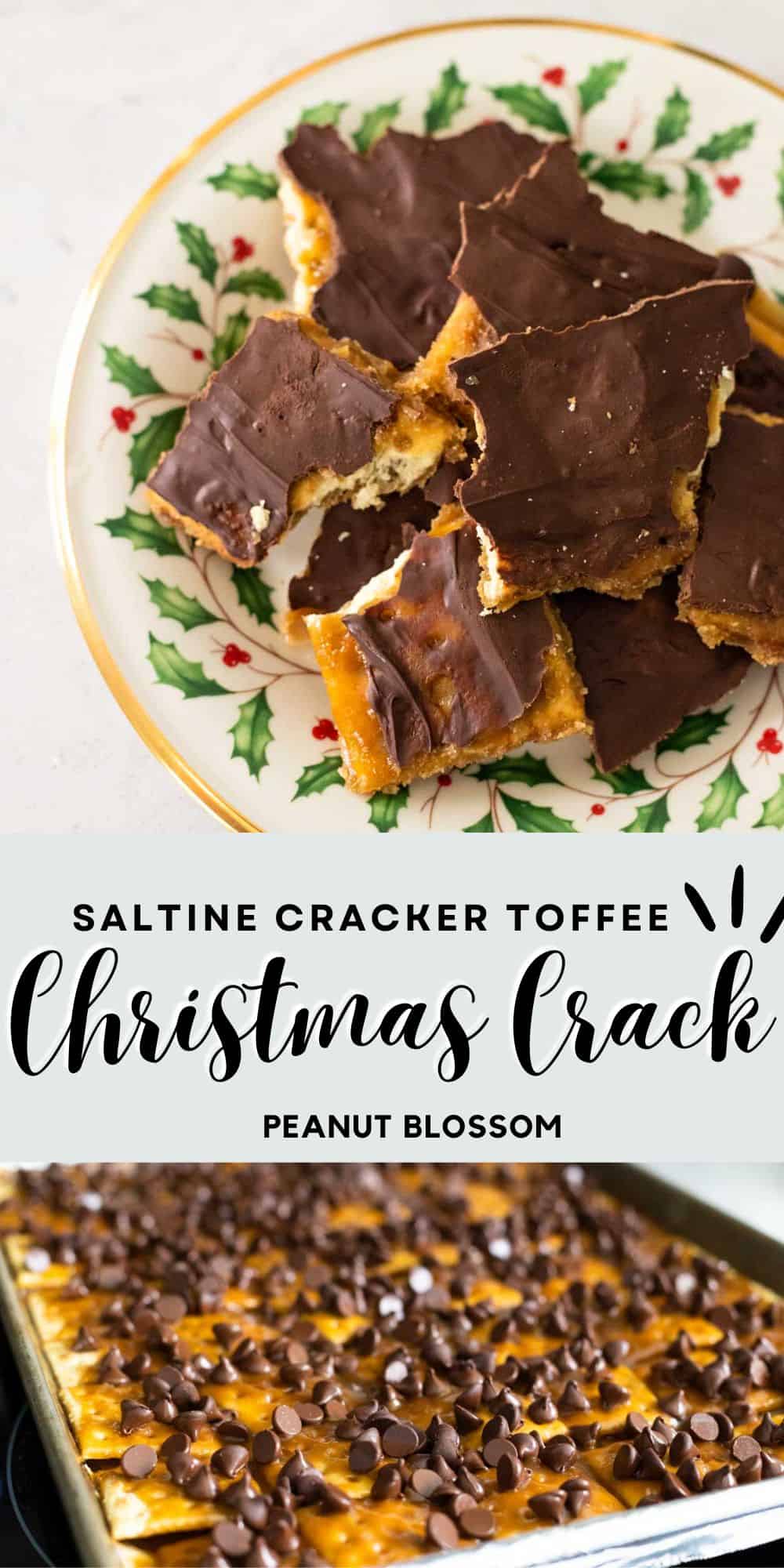 The photo collage shows the holiday plate filled with toffee on top and the baking pan with chocolate chips on the bottom.