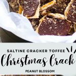 The photo collage shows a cookie tin filled with saltine cracker toffee on top and a baking pan of the toffee on the bottom.