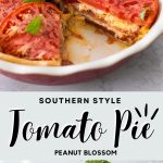 The photo collage shows the tomato pie at the top and the photo of ingredients on the bottom.