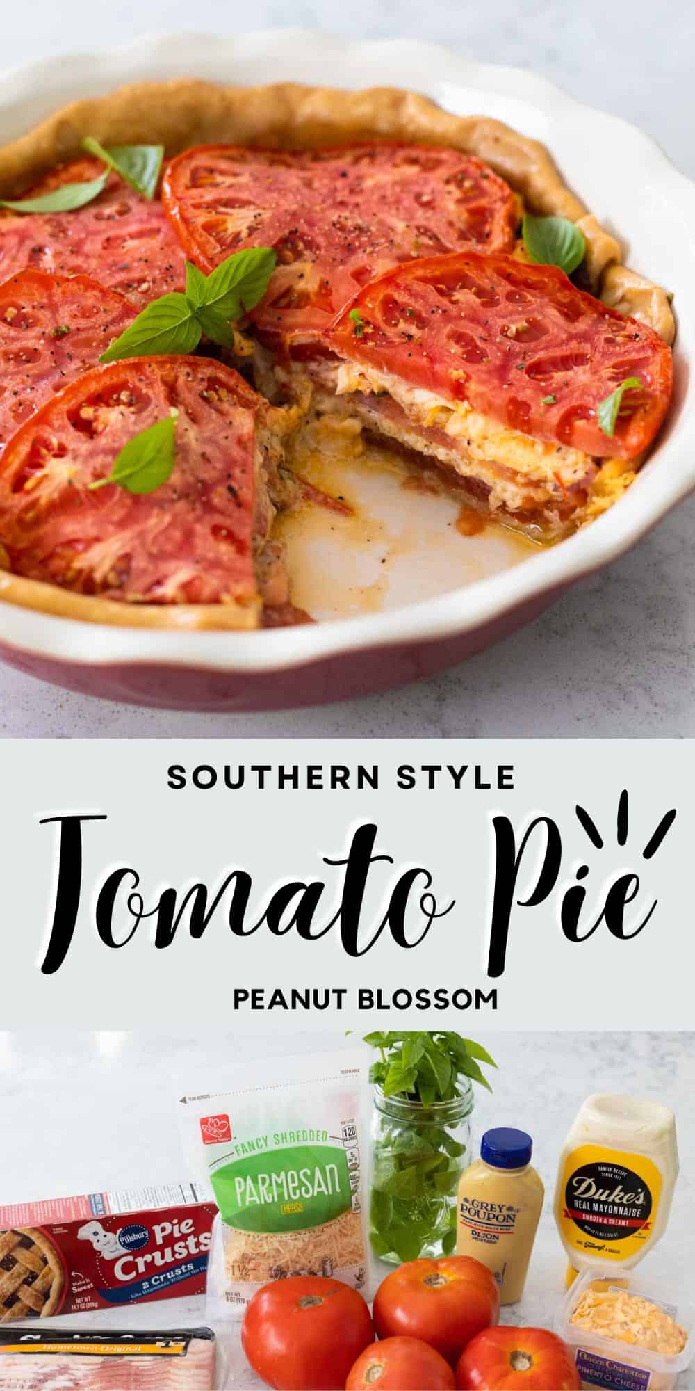 The photo collage shows the tomato pie at the top and the photo of ingredients on the bottom.