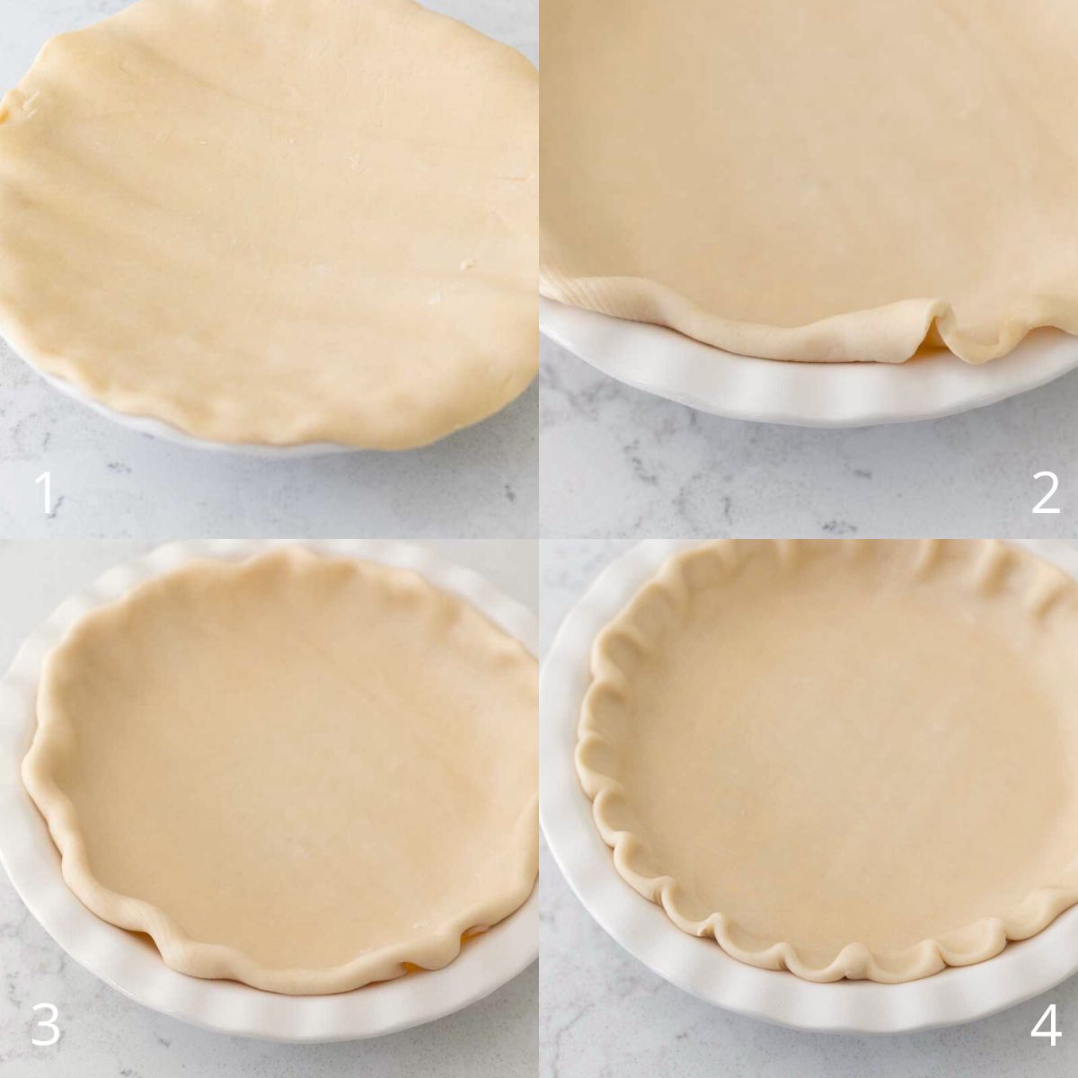 Step by step photos show how to make a pretty edge with a store bought pie crust.
