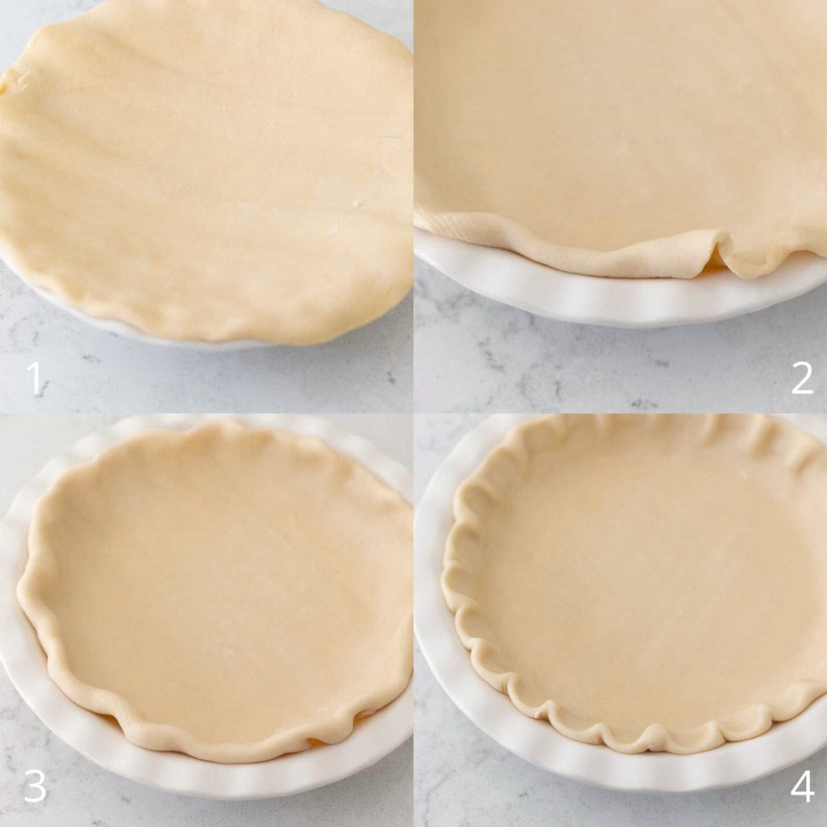 Step by step photos show how to make a pretty edge with a store bought pie crust.