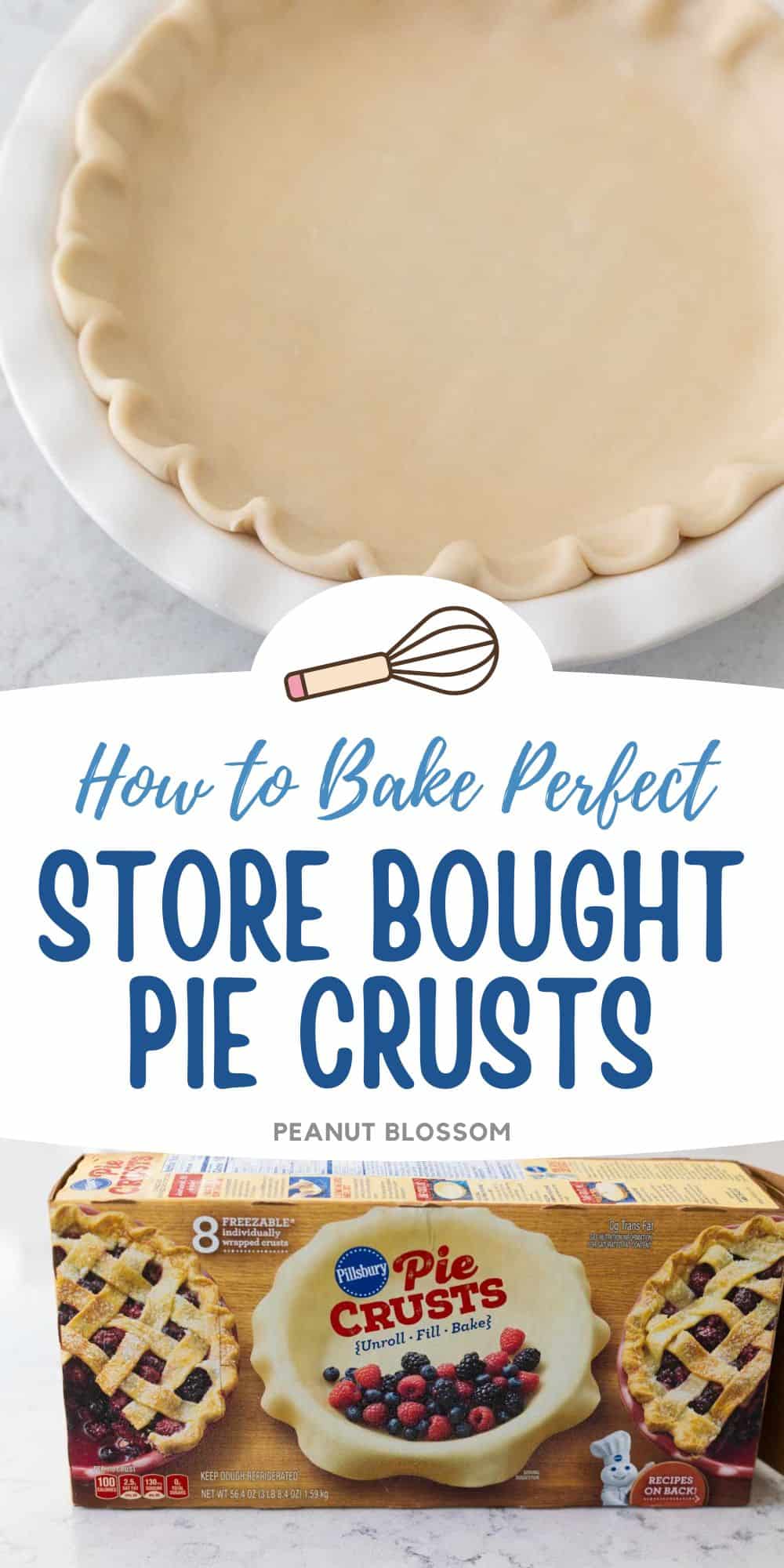 The photo collage shows a box of Pillsbury pie crusts next to one of the crusts perfectly placed in a pie dish with a pretty crimped edge.