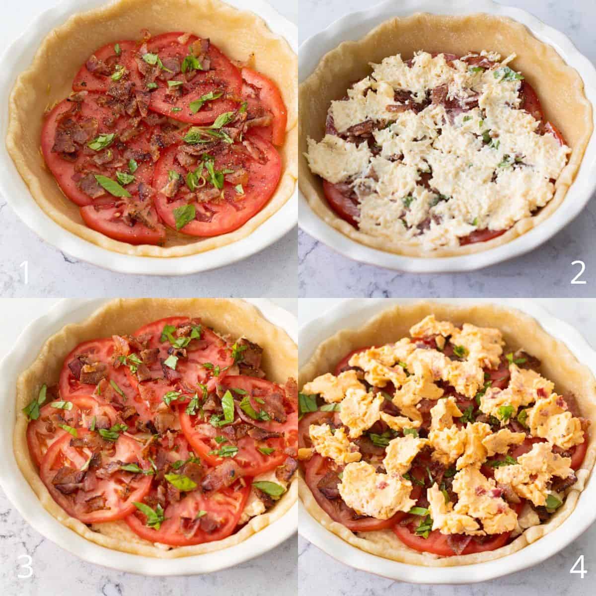 Step by step photos show how to layer a tomato pie with the cheese fillings.