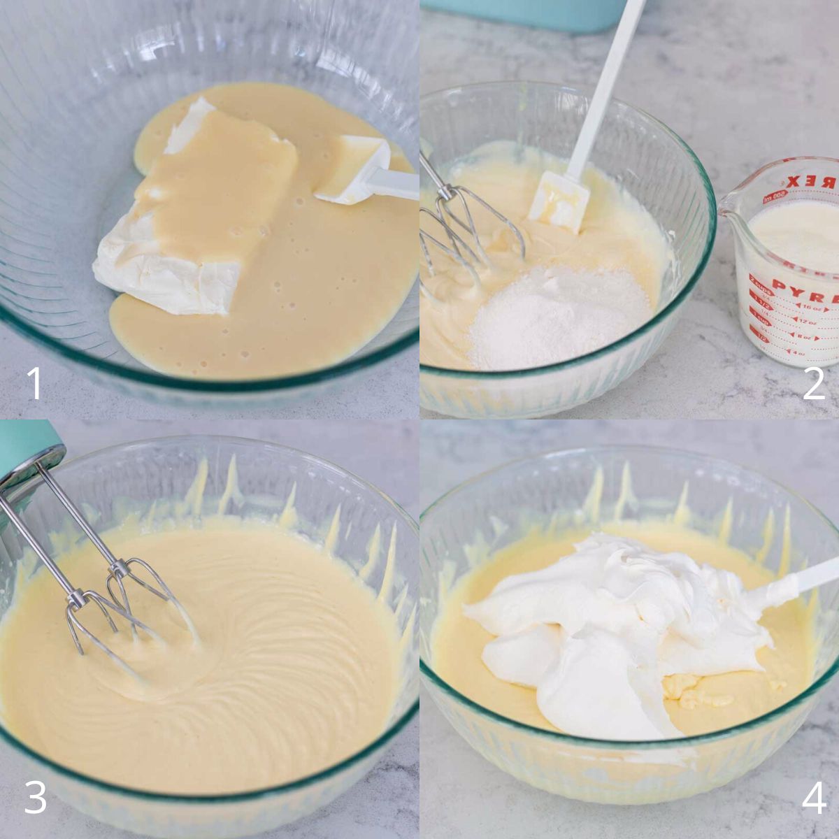 Step by step photos show how to beat the cream cheese with condensed milk and add the pudding and milk.