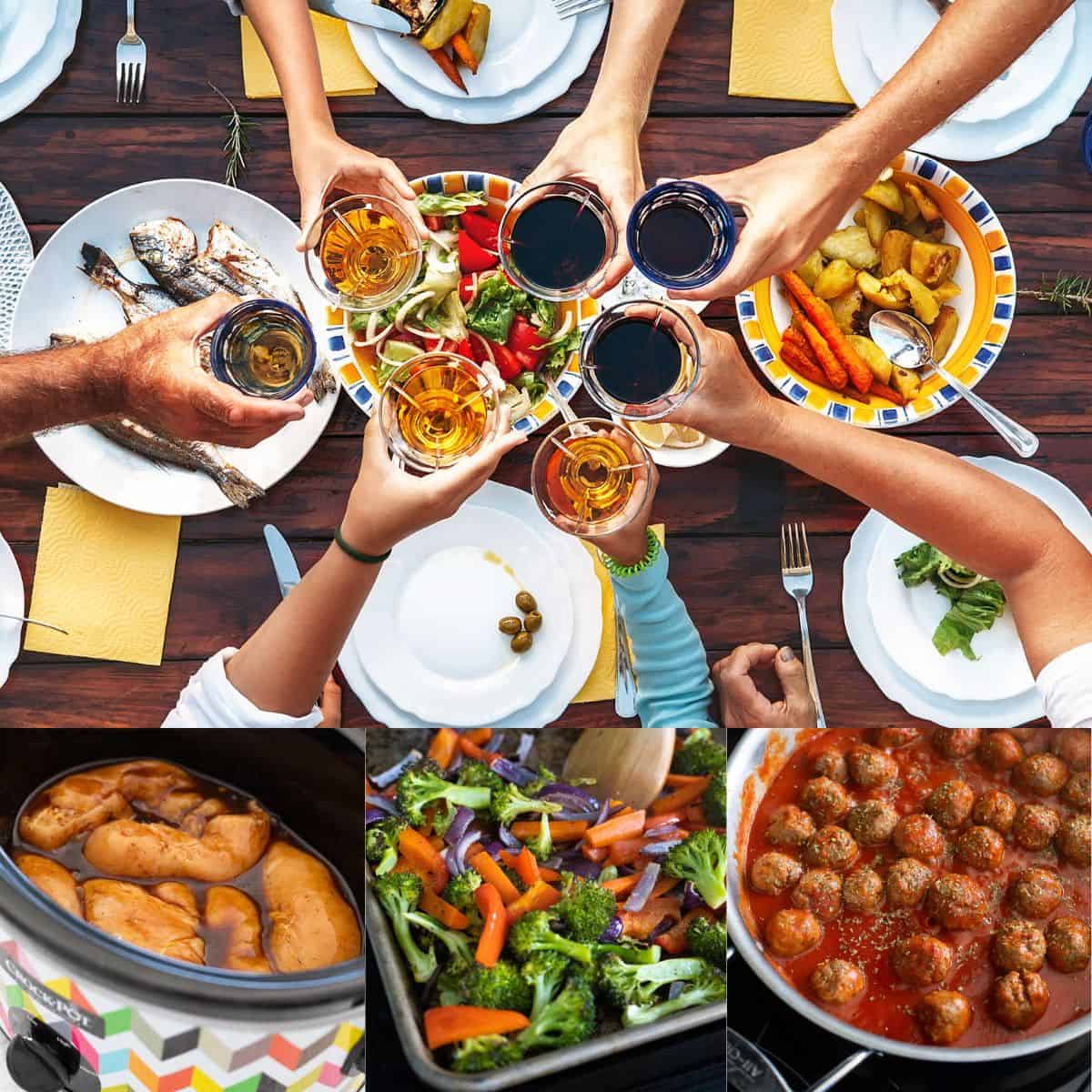 The photo collage shows a big family dinner table with everyone raising a glass for a toast next to 3 recipe photos.