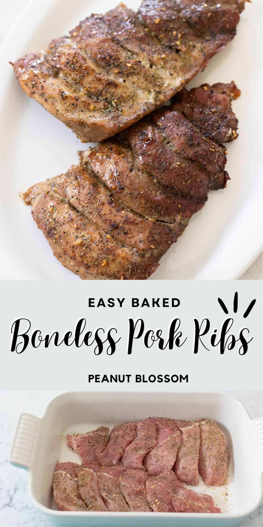 The photo collage shows the boneless pork ribs on a serving platter coated in seasonings next to a photo of them in a baking dish about to go in the oven.