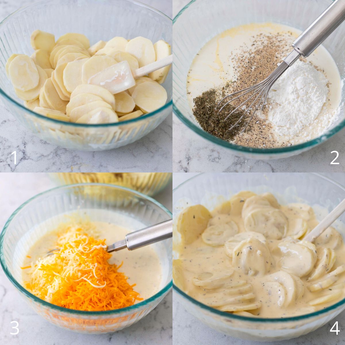 The step by step photos show how to slice the potatoes, whisk the cream sauce, add the shredded cheese, and then stir it all together.
