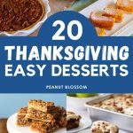 The photo collage shows several easy Thanksgiving desserts including pecan pie bars, cheesecake bars, apple cake, and a berry cheesecake next to a Thanksgiving dinner table with pies and pumpkin napkins.