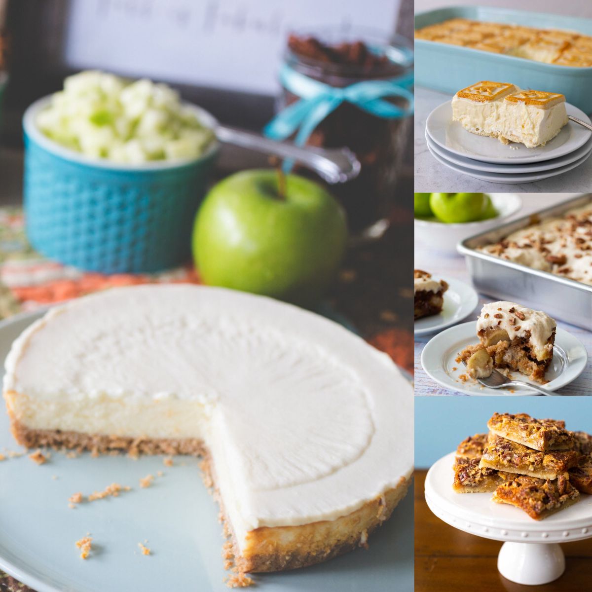 The photo collage shows 4 different easy Thanksgiving desserts including cheesecake, apple cake, pecan pie bars, and banana pudding.