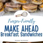 The photo collage shows a pile of frozen breakfast sandwiches wrapped in plastic wrap next to a photo of them being assembled on a baking pan.