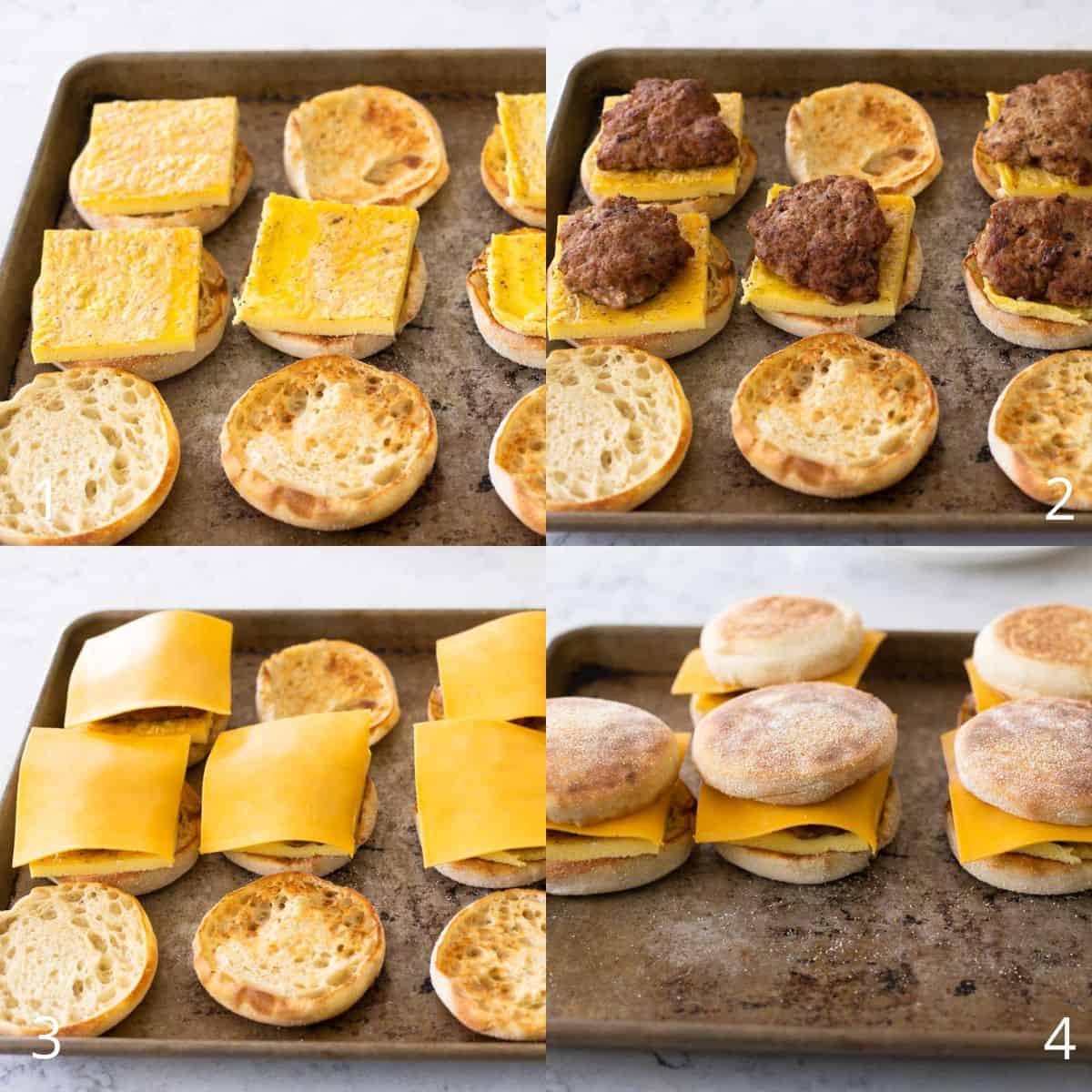 The step by step photos show how to assemble the english muffin, egg, turkey sausage, and cheddar english muffin breakfast sausages.