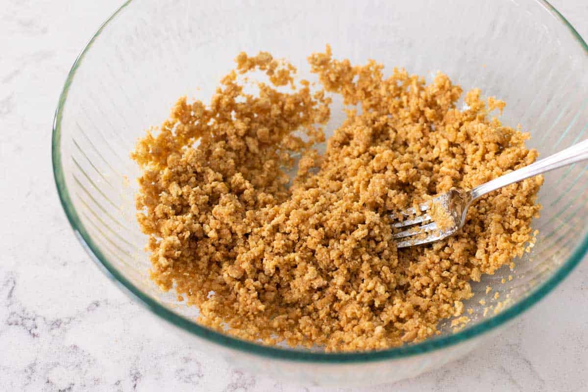 The graham crackers and melted butter and sugar have been well combined in a mixing bowl.