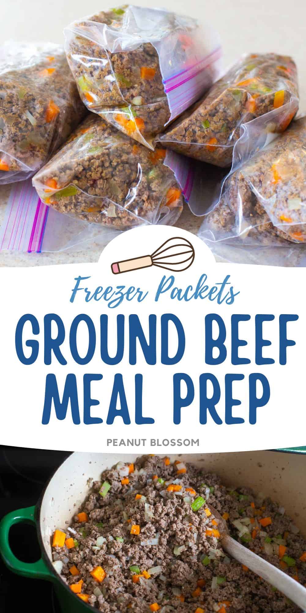 The photo collage shows the ground beef meal prep packets for the freezer next to the dutch oven cooking the ground beef.