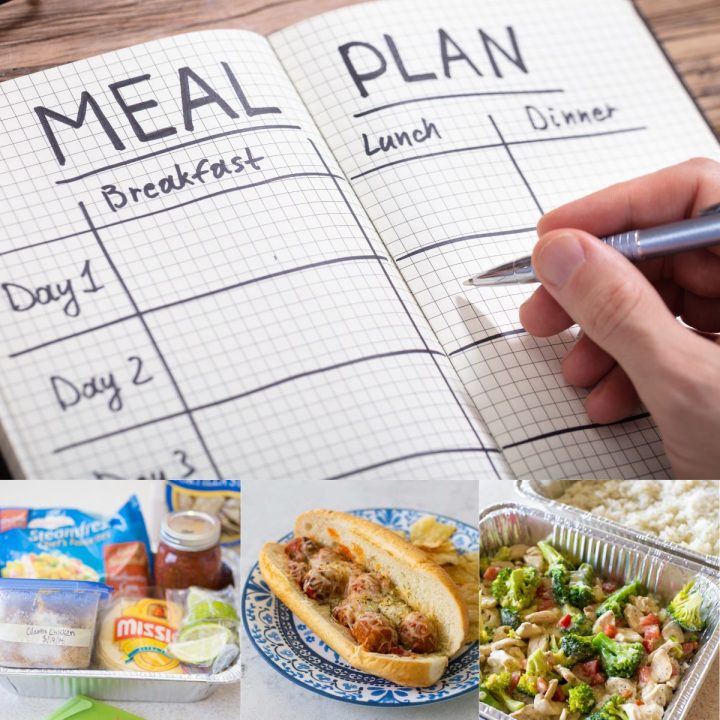 The photo collage shows a calendar for a meal plan next to several meal train dinner ideas.