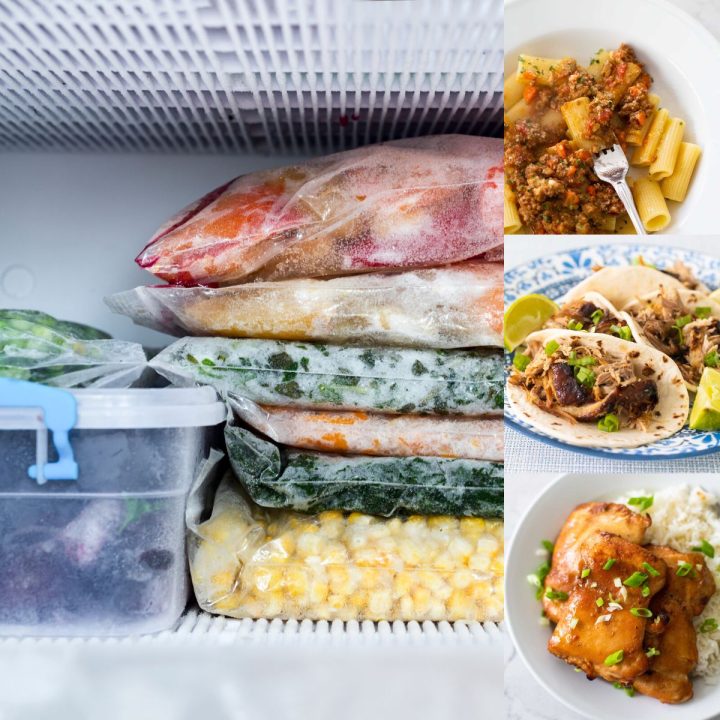 The photo collage shows a stack of meals in a freezer next to photos of the food cooked and served on a plate.