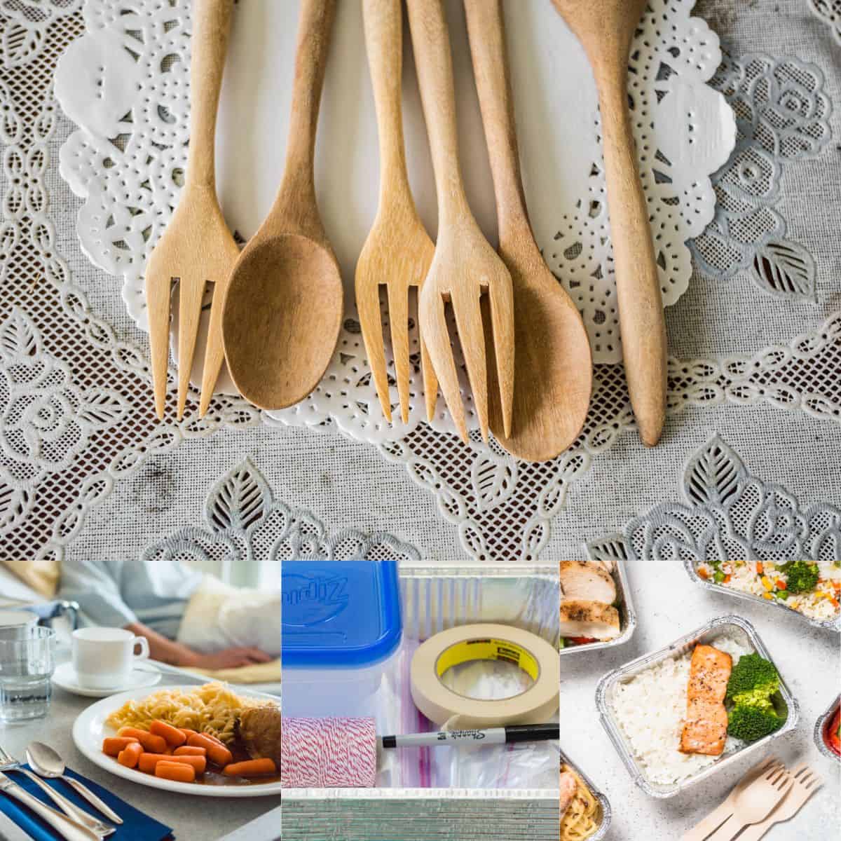 A photo collage shows cooking utensils on a doily, next to photos of food being brought to a family. 