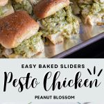 The photo collage shows the baked pesto chicken sliders on a sheet pan next to a photo of the pesto chicken filling being mixed together in a bowl.