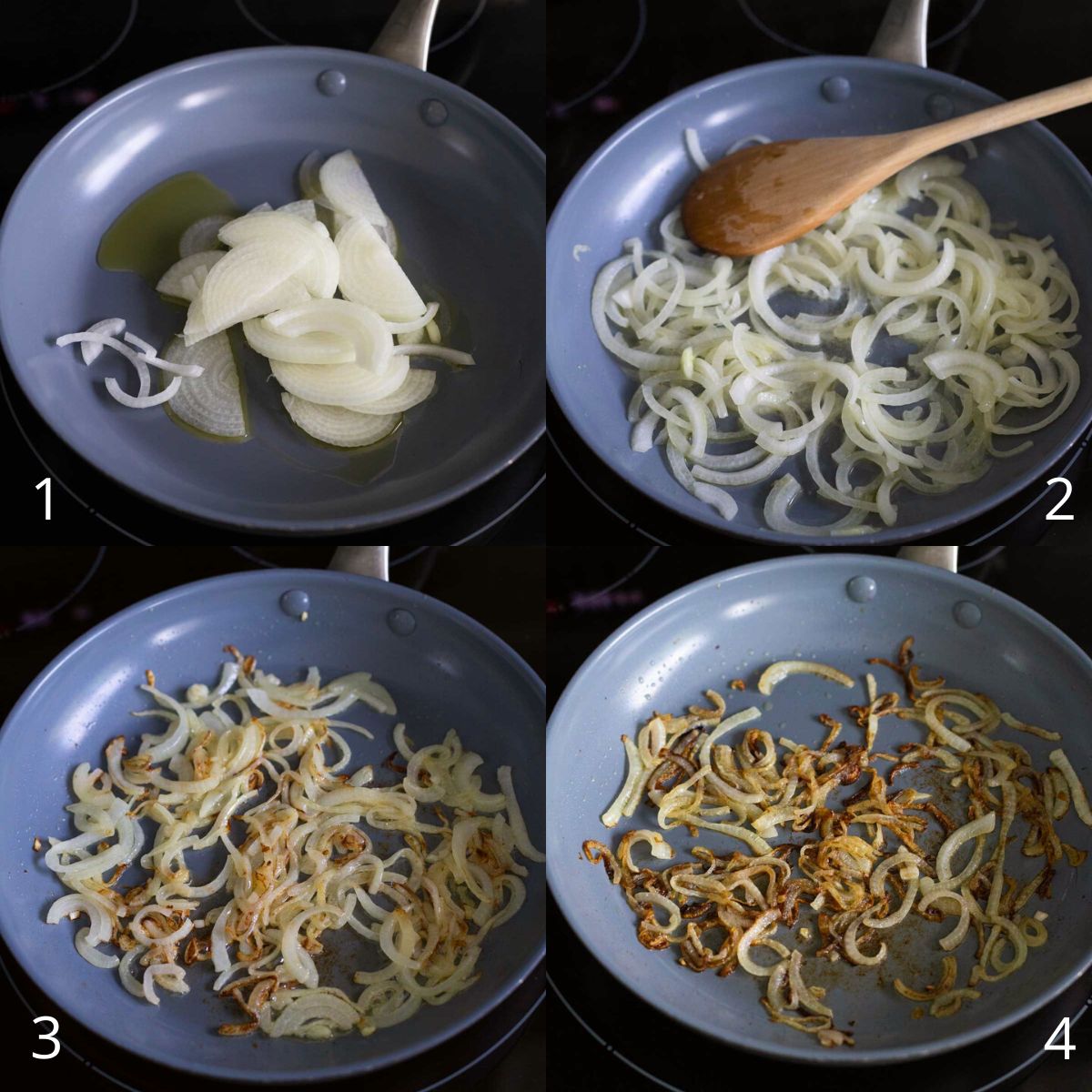 Step by step photos show how to slice and saute the onions.