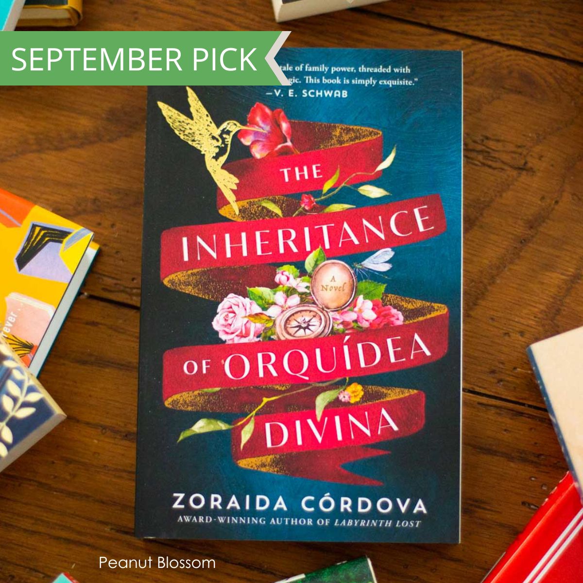 A copy of the book The Inheritance of Orquídea Divina sits on the table.