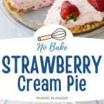 The photo collage shows the strawberry cream pie next to the photo of the mixing bowl filled with strawberries and cream cheese.