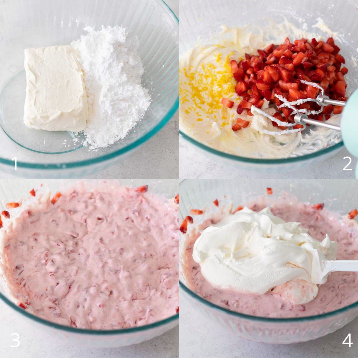 Step by step photos show how to make the strawberry cream filling.