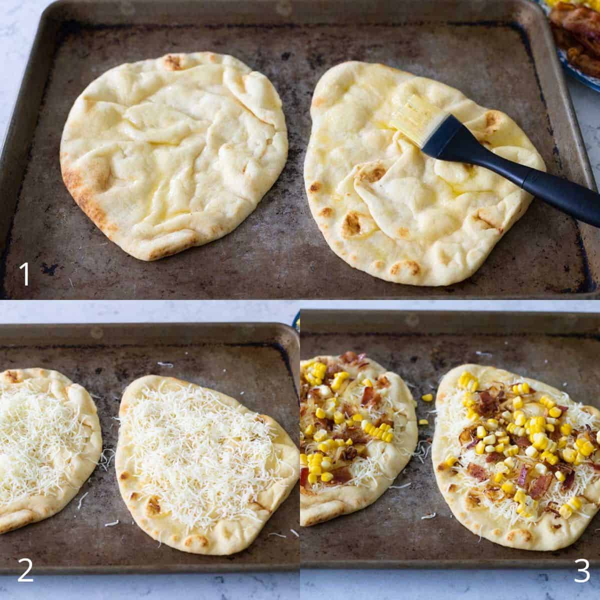 The step by step photos show how to build the corn pizza