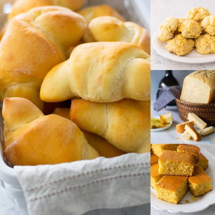 The photo collage shows crescent rolls, biscuits, cornbread, and an Italian bread loaf.