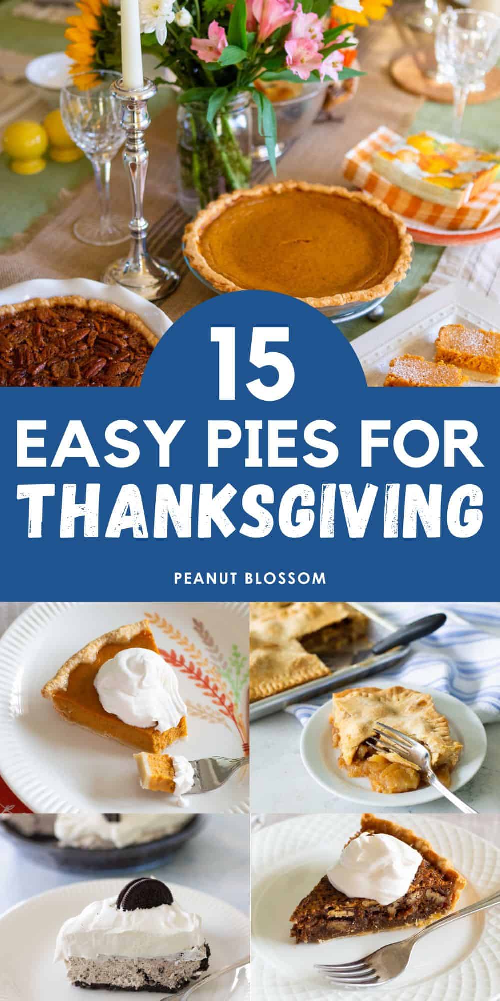 The photo collage shows several pies on a Thanksgiving table with fresh flowers next to photos of close-up shots of the pie slices for pumpkin pie, pecan pie, apple pie, and Oreo cream pie.