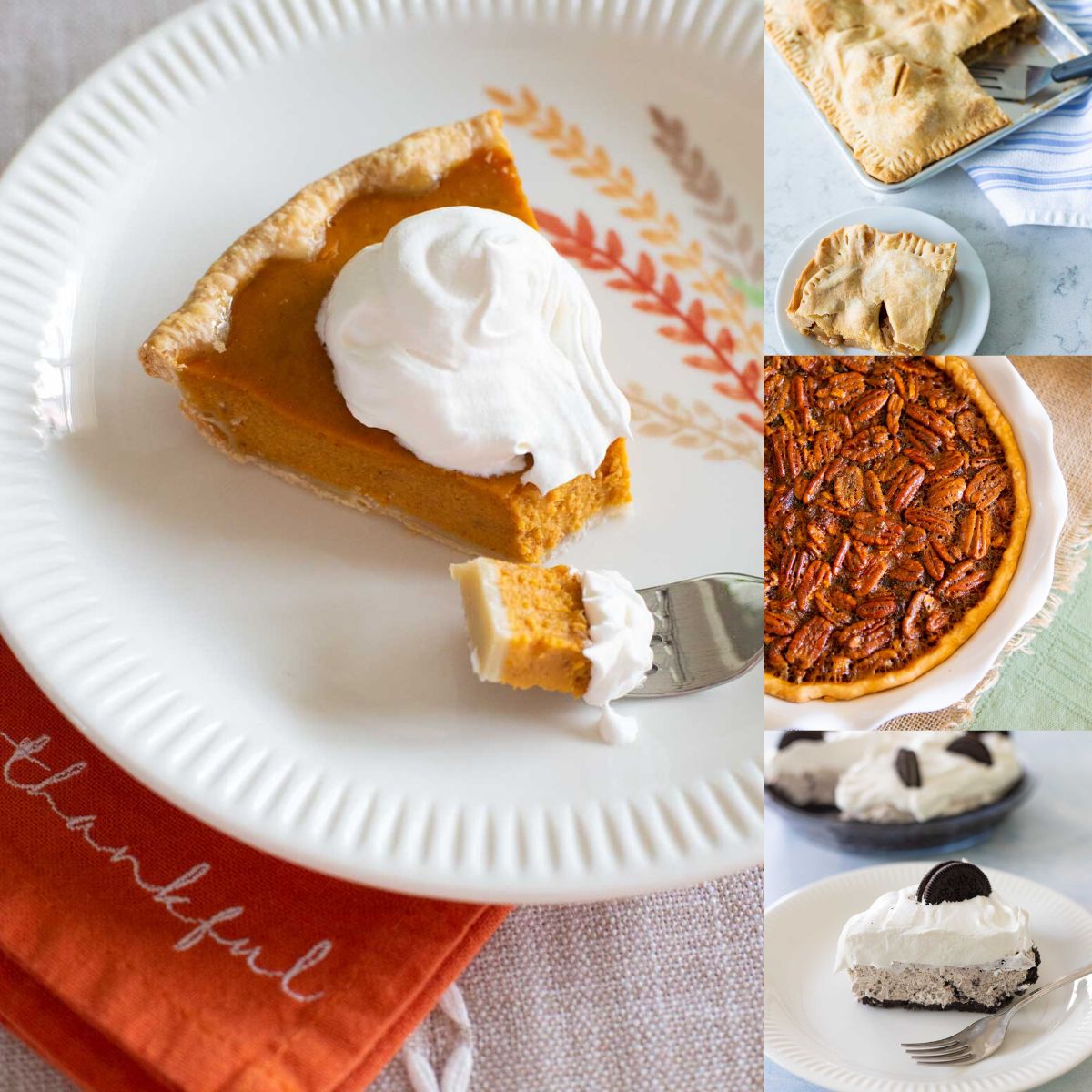 The photo collage shows slices of pumpkin pie, apple pie, a whole pecan pie, and a slice of Oreo cream pie.