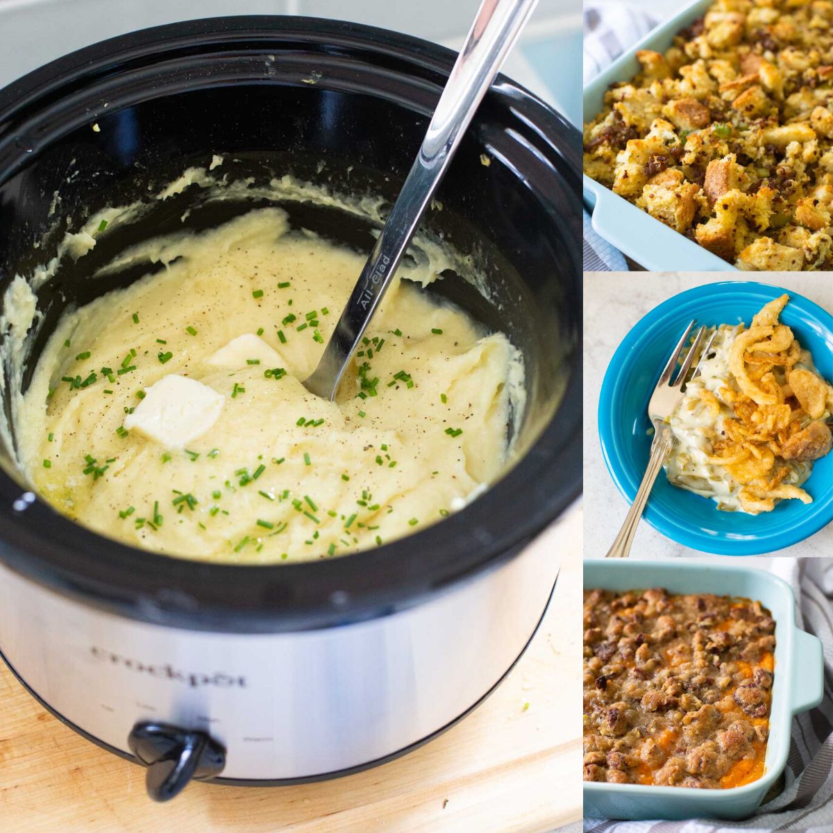 The photo collage shows the easy Thanksgiving side dishes -- potatoes, stuffing, and green beans.