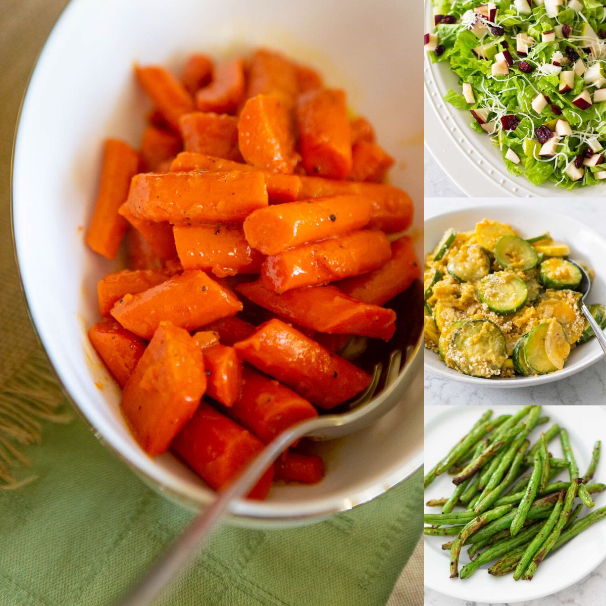 The photo collage shows a serving bowl of glazed carrots, a Thanksgiving salad, squash casserole, and roasted green beans.