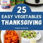 The photo collage shows canned vegetables next to a slowcooker and then serving dishes of glazed carrots, a salad, a skillet of squash, and a plate of green beans.