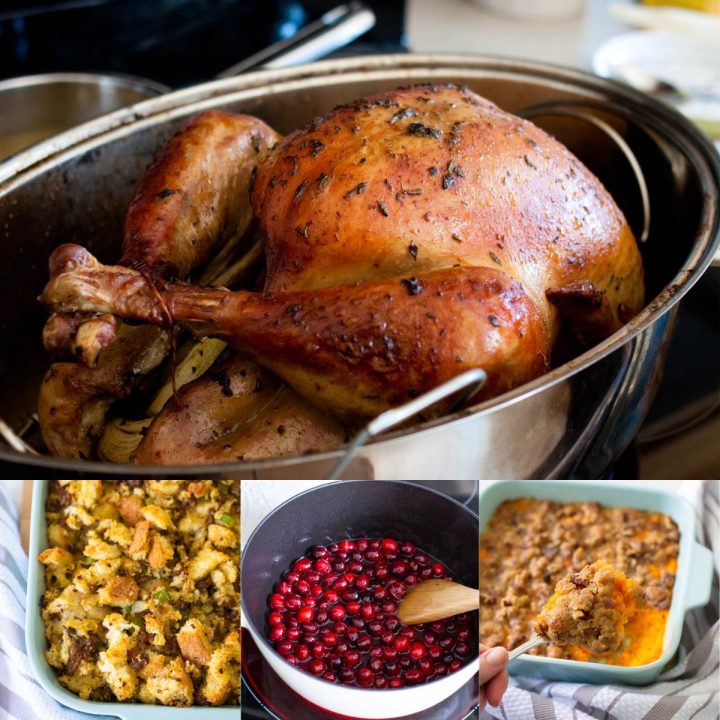 The photo collage shows several traditional Thanksgiving dinner recipes including a roast turkey, stuffing, cranberries, and sweet potato casserole.