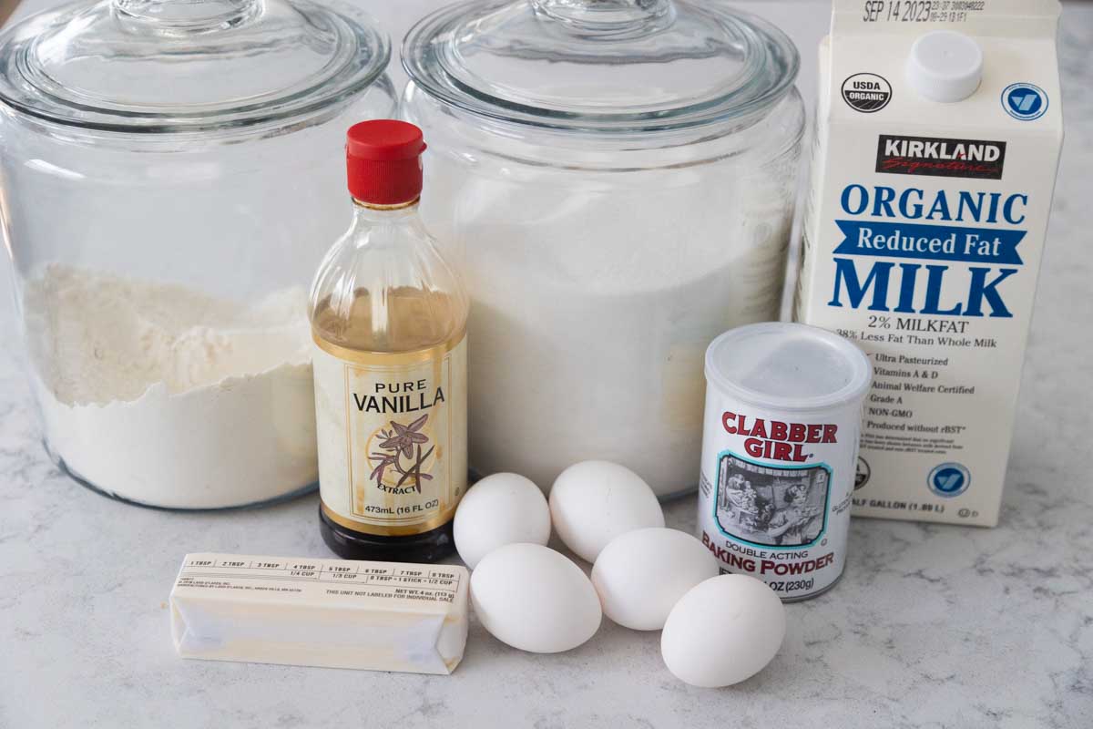 The ingredients to make the vanilla cake base are on the counter.