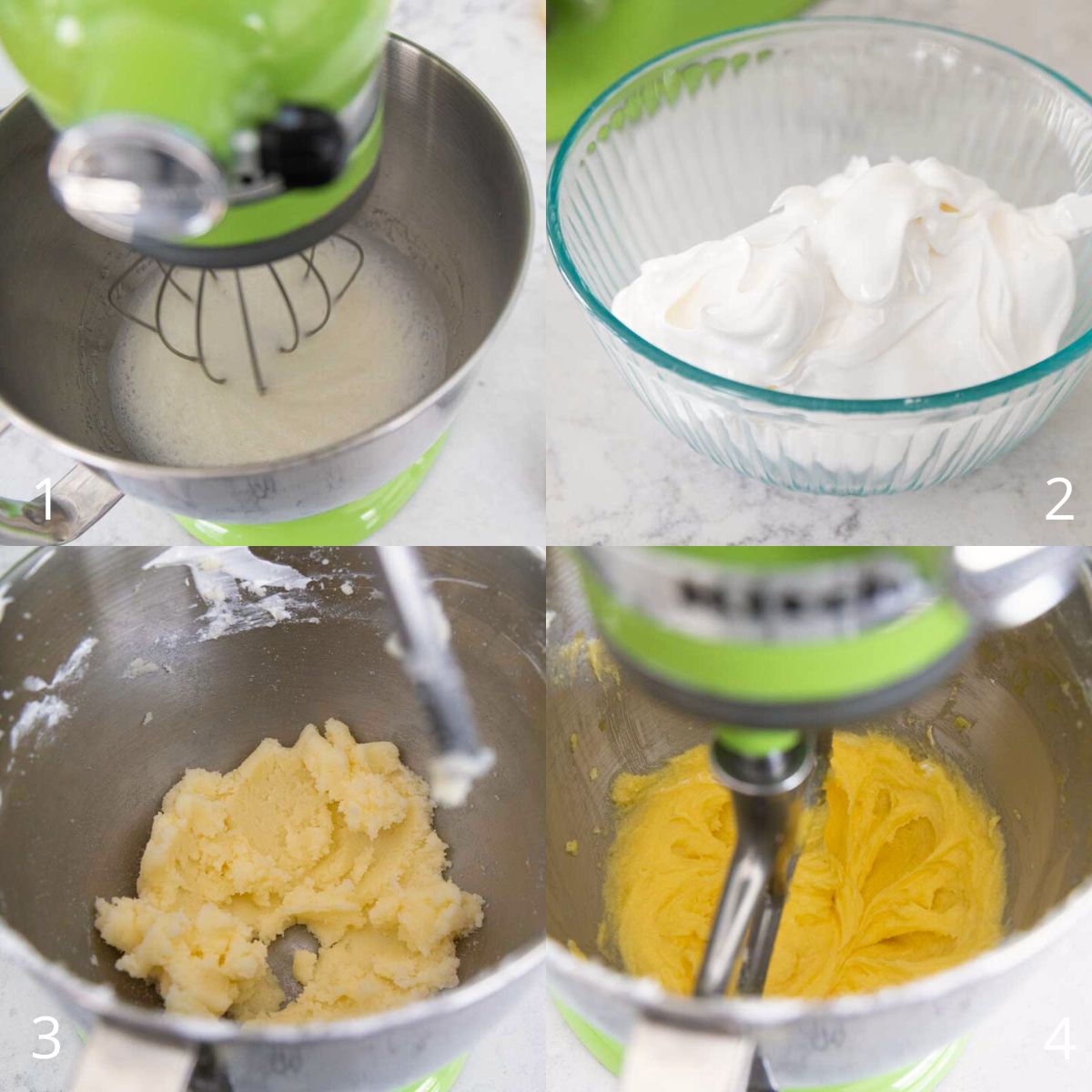 The step by step photos show how to beat the egg whites and then beat the sugar and butter with egg yolks.
