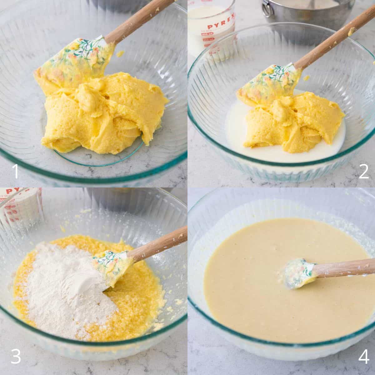 The step by step photos show how to combine the butter mixture with the milk and flour in stages to create the tres leches cake batter.