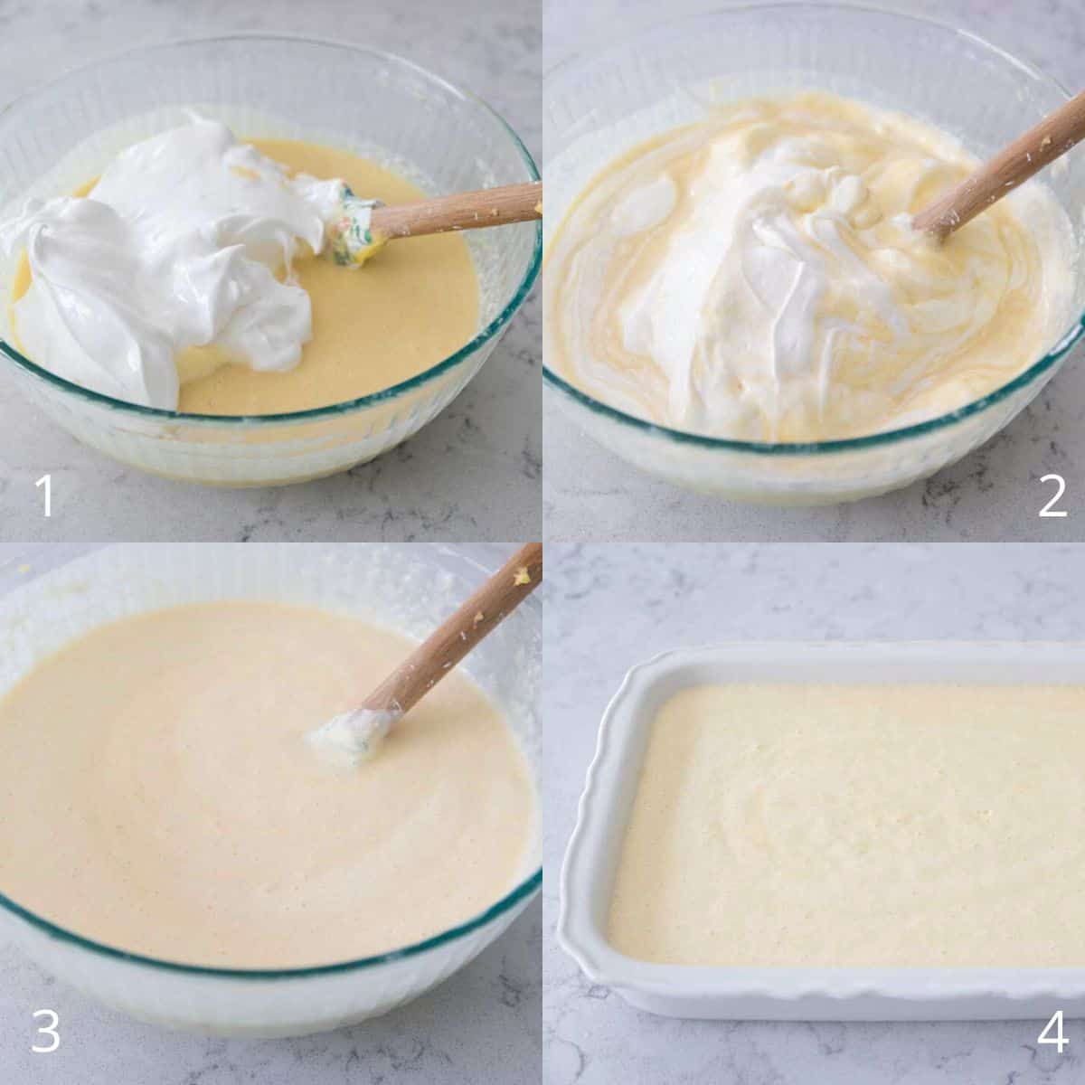 The final step by step photos show how to fold in the egg whites to the cake batter and smooth it into a 9 x 13-inch cake pan.